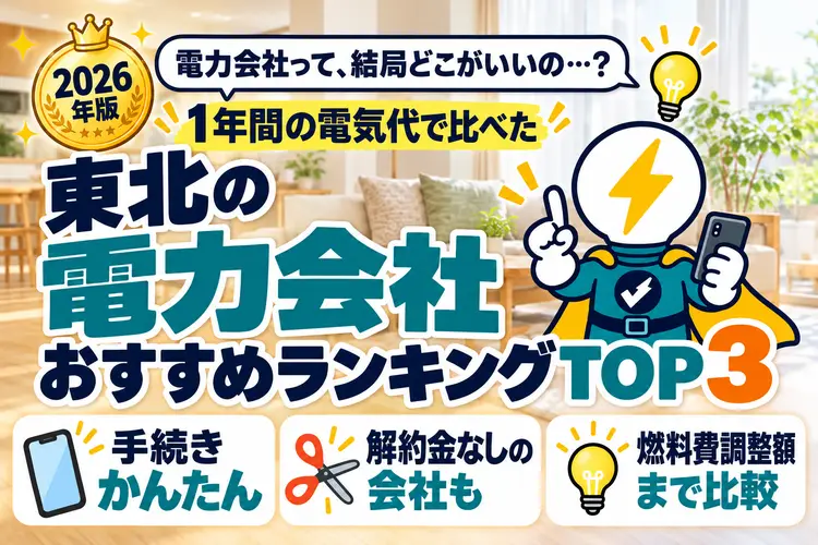 2026年版 電力会社って、結局どこがいいの…？ 1年間の電気代で比べた 東北の電力会社おすすめランキングTOP3（手続きかんたん・解約金なしの会社も・燃料費調整額まで比較）
